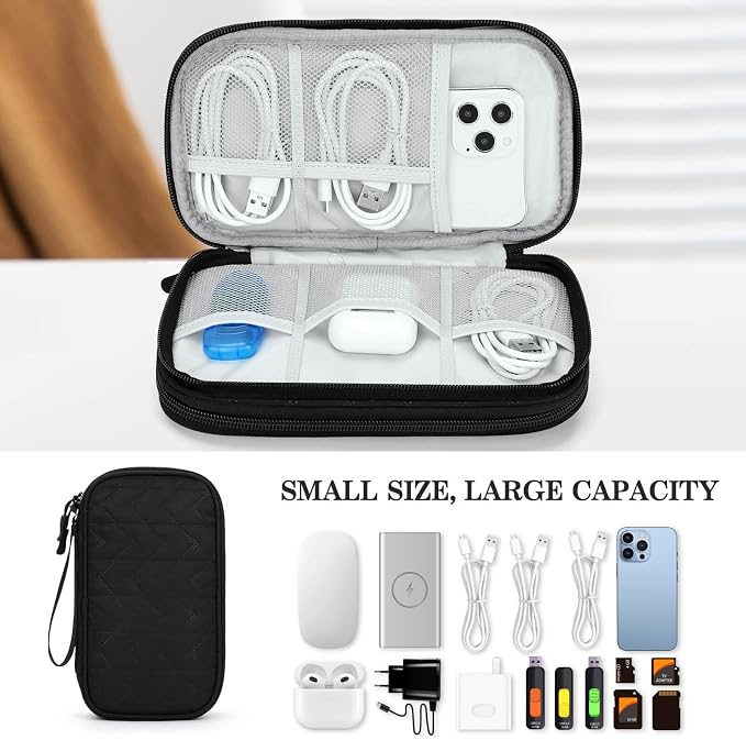 FYY Electronic Organizer, Travel Tech Pouch Bag, Medium, Black Quilted | Wrist Strap, Waterproof, Double Layers Portable Electronics Travel Carrying Case for Cord, Charger, Daily Business Trips Use - Image 6