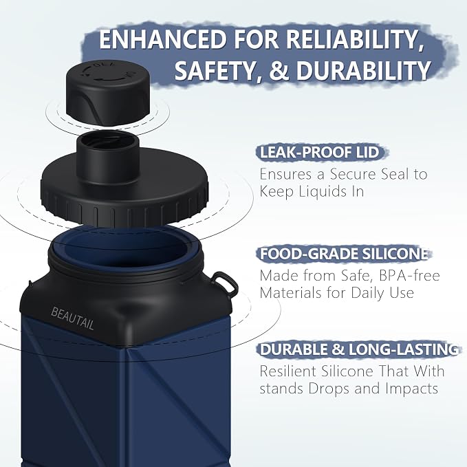 BEAUTAIL Collapsible Water Bottles 21 oz, Silicone Portable Water Bottle | BPA Free, Leakproof & Reusable, Foldable Water Bottle for Travel, Hiking, Camping, Cycling, School, 2-Pack, Blue+DarkBlue - Image 3
