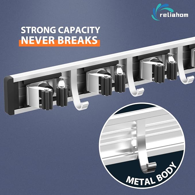 reliahom Broom Holder Wall Mount Mop Hanger Tools organizer 5Racks4Hooks,2P | Adjustable Mop Broom Wall Hanging Heavy Duty Tools Storage Rack Space-saving for Garage,Kitchen,Laundry Room,Garden, Black - Image 2