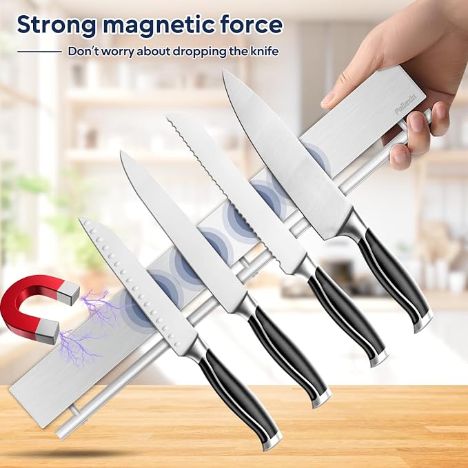 17 inch Magnetic Knife Holder with 10 Hooks, No Drilling Wall Mount, Powerful Magnet Rack - Image 4