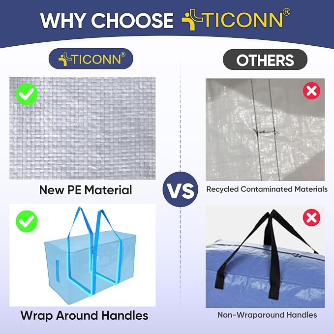 TICONN 4 Pack Extra Large Moving Bags Heavy Duty with Zippers & Carrying Handles, Durable Storage Bags Moving Boxes for Closet Organizers and Storage (4 Pack, Sky Blue) - Image 4
