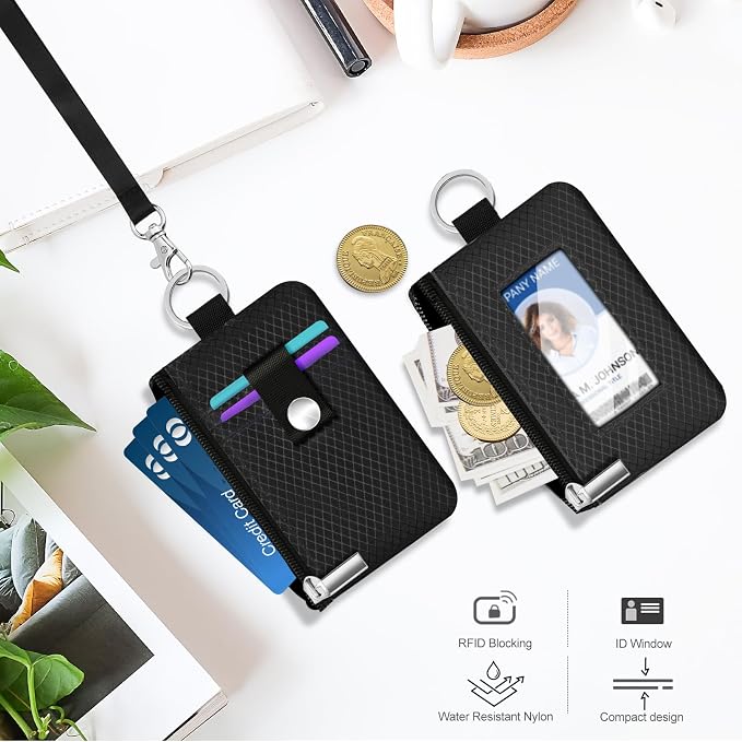 Minimalist RFID Blocking Small Wallet with ID Window,WaterResistant Zip Id Case Wallet with Lanyard Keychain for Cards,Cash,Travel,Women,Men (Black) - Image 8