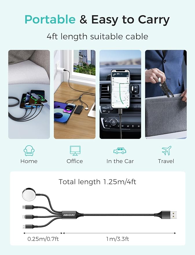 Amasuki Travel Essentials,4 in 1 for Apple Watch Charger/iPhone Charger/Multi Charging Cable,Vacation RV Camping Essentials,USB C/L/Micro Portable Charger for iWatch 11-1/iPhone 17-12,Car&Gift-Black - Image 5
