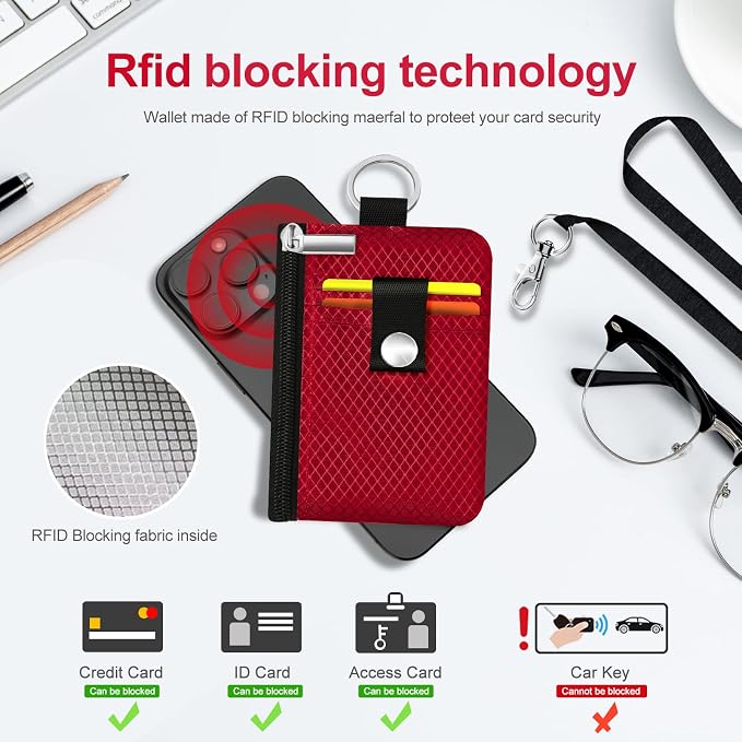 Minimalist RFID Blocking Small Wallet with ID Window,WaterResistant Zip Id Case Wallet with Lanyard Keychain for Cards,Cash,Travel,Women,Men (Red) - Image 4