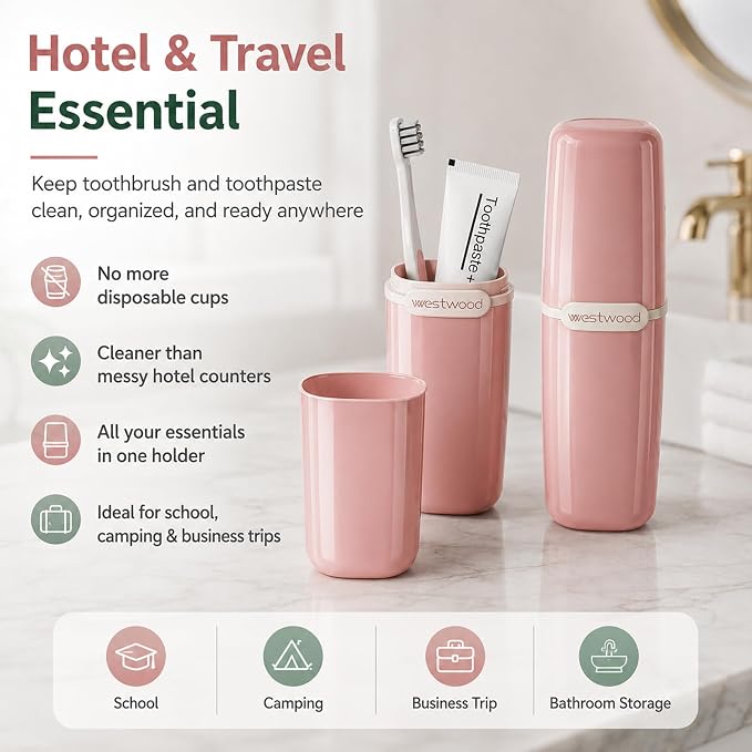 HyJeryty Simple Pink Toothbrush Travel Case, Portable Travel Toothbrush & Toothpaste Holder Cover Organizer Container with Mouthwash Cup for School, Camping, Business Trip, Bathroom Storage - Image 5