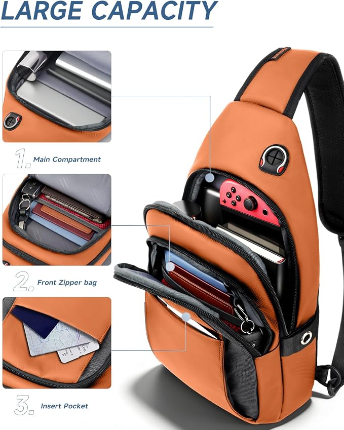 Anti-Theft Sling Bag for Women&Men, Water Resistant Crossbody Bag Mini Backpack, Lightweight Travel Hiking Chest Pack, Built-in Audio Port, Reversible Strap, Fits 11 inch iPad & Switch 2 - Image 3