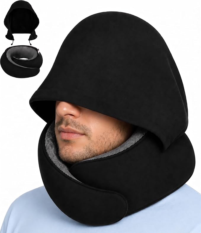 Dot&Dot Travel Pillow Neck Pillow with Hood for Airplane Sleeping, Memory Foam Pillow with Chin Support, Detachable Hoodie, Washable Cover, Adjustable Velcro Fit for Flights, Car & Office by DotDot