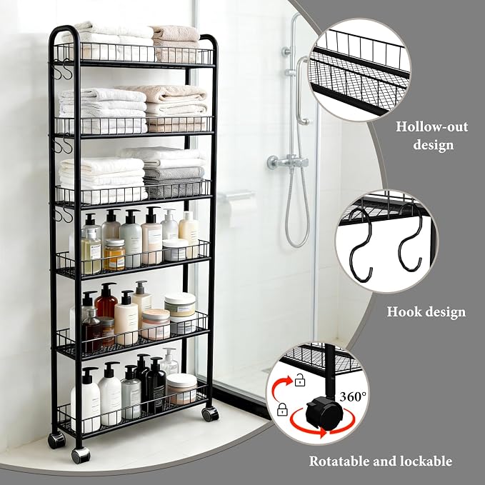 6in 6 Tier Slim Storage Cart with Wheels, Narrow Space Rolling Shelving Unit, Metal Wire Mobile Organizer Rack for Kitchen Bathroom Office Laundry - Image 6