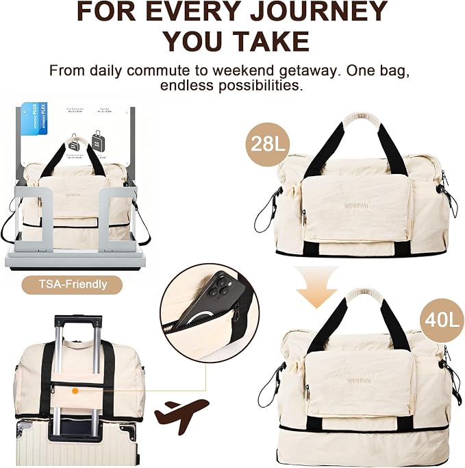 Foldable Travel Bag for Women, Expandable 28L-40L Lightweight Personal Item Carry On Bag, Packable Duffel Bag, Weekender Overnight Travel Tote, Collapsible Luggage Bag, Cream White - Image 6