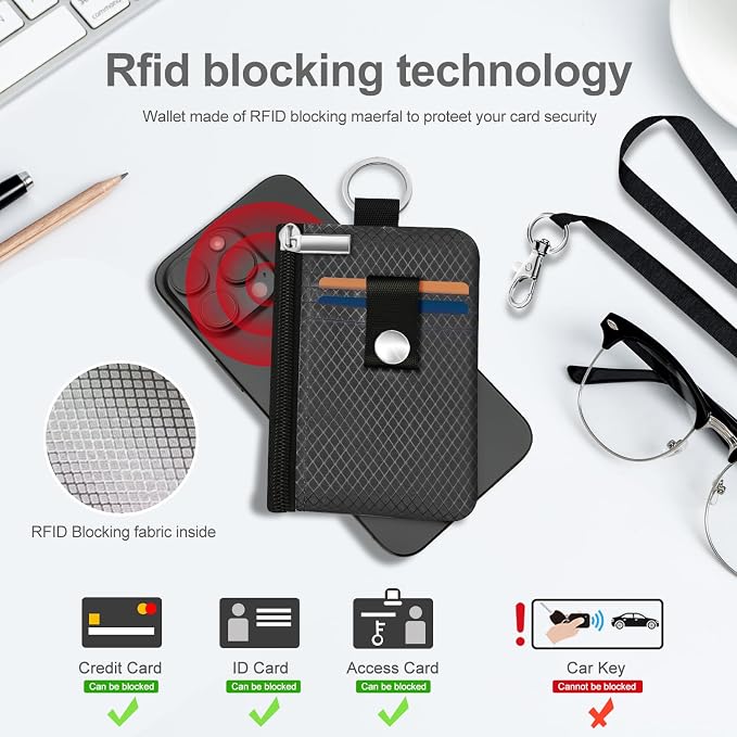 Minimalist RFID Blocking Small Wallet with ID Window,WaterResistant Zip Id Case Wallet with Lanyard Keychain for Cards,Cash,Travel,Women,Men (DarkGrey) - Image 4