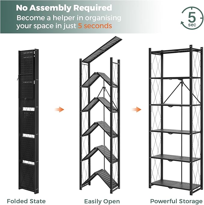 DEANIC 6-Shelf Folding Bookcase with Wheels, Heavy Duty Storage Shelves, Freestanding Metal Wire Shelving Unit for Living Room, Office, Kitchen, Basement, Pantry (Black) - Image 3