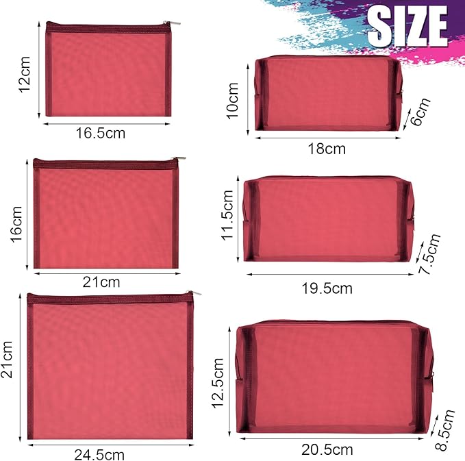6 Pieces Mesh Makeup Bags Mesh Cosmetic Bag Portable Travel Organizing Zipper Pouch Toiletries Makeup Pouches for Home Office Travel Accessories - Image 2