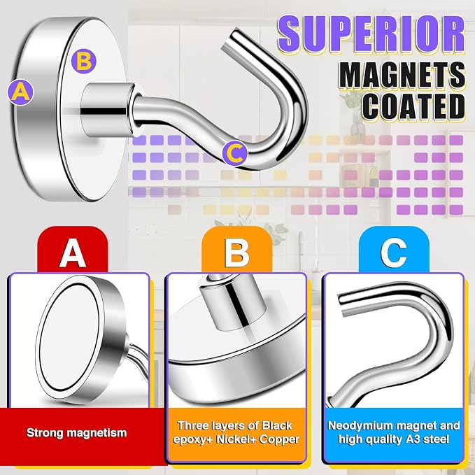 Magnetic Hooks for Cruise Cabins, 85LBS, 12 Pack, Silver | Cruise Essentials 2026, Heavy Duty Magnets Hooks for Refrigerator, Storage, Grill, Hanging and Kitchen - Image 4