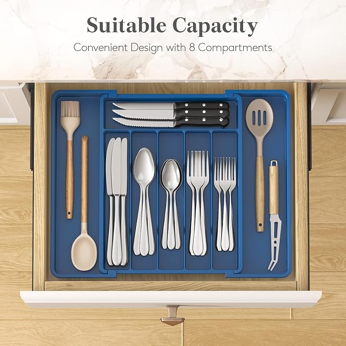 Lifewit Expandable Silverware Drawer Organizer, Kitchen Utensil Tray | BPA-free Plastic Flatware Cutlery Holder, Space-Saving Storage for Spoons Forks Knives, 11-18 x 14 x 1.5“, Dark Blue - Image 3