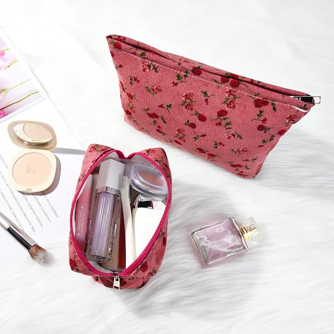 SOIDRAM 2 Pieces Rose Makeup Bag Large Cosmetic Bag Capacity Canvas Mix Travel Toiletry Bag Organizer Cute Makeup Brushes Aesthetic Accessories Storage Bag for Women, Rose Mix Green Red - Image 4