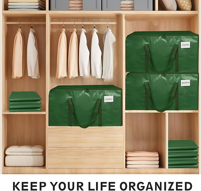 16 Pack-Extra Large Heavy Duty Moving Bags - Waterproof Storage Totes with Handles & Zippers, Foldable for College Dorm, Storage (olive green) - Image 5