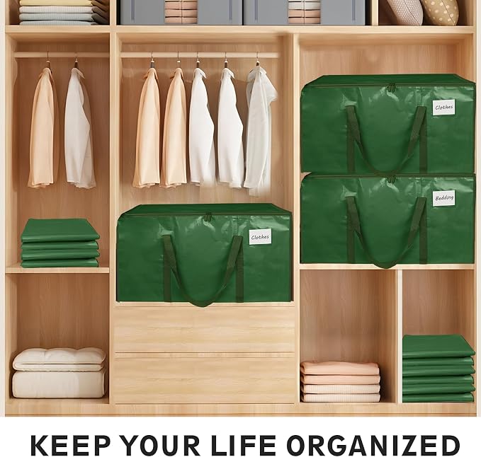 8 Pack-Extra Large Heavy Duty Moving Bags - Waterproof Storage Totes with Handles & Zippers, Foldable for College Dorm, Storage (olive green) - Image 5