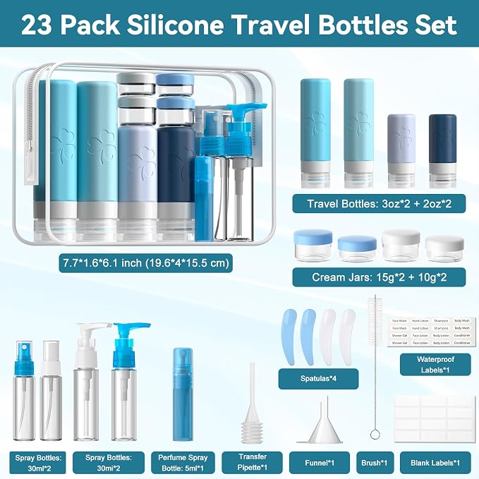 INSFIT 23 Pack Travel Bottles for Toiletries, TSA Approved Silicone Travel Size Toiletries with Toiletry Bag, BPA Free Leak Proof Refillable Travel Essentials for Liquids Shampoo Conditioner Lotion - Image 2