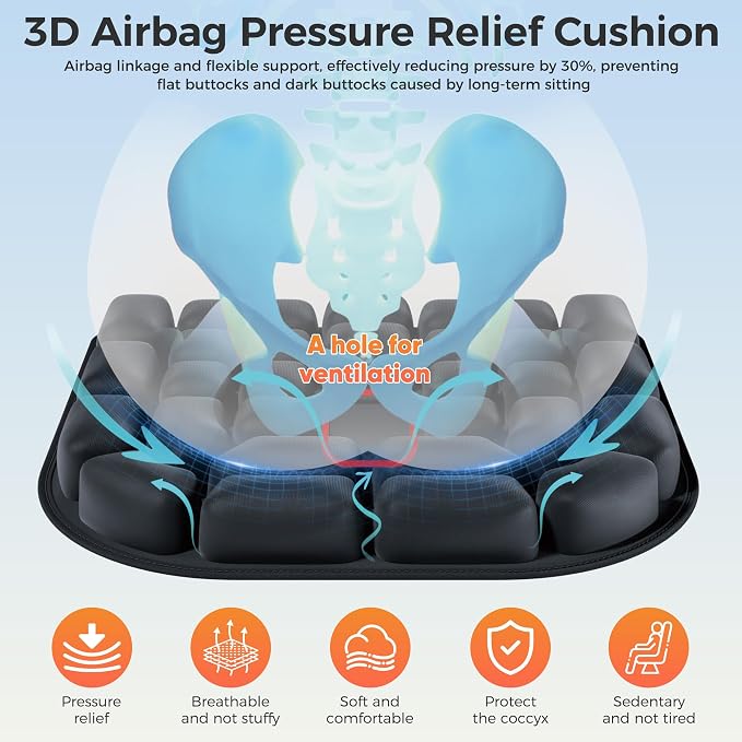 Upgrade Travel Cushion with No External Air Pump, Airplane Seat Cushion for Long Flights, Portable Wheelchair Cushions, Adjustable Air Cushion with Non-Skid Bottom Relief Discomfort in Coccyx - Image 3