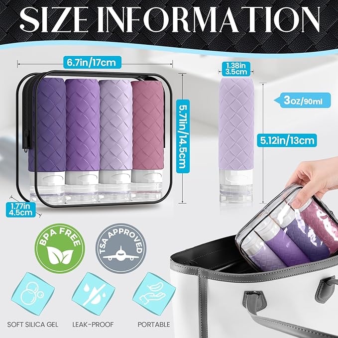Silevoler Travel Bottles for Toiletries, TSA-Approved Travel Size Container | Woven Pattern BPA Free Silicone Leak Proof Refillable Liqus Shampoo And Conditioner Essentials Toiletry Bottles(Purple) - Image 3