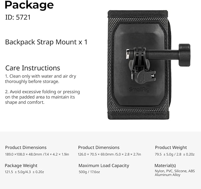 SMALLRIG Backpack Strap Mount, Hook and Loop Fastener Mount with Ball Head | Adapter Base for DJI Osmo Nano/Action 6/5 Pro/4, for Insta360 X5/4/3/Ace Pro 2/Go Ultra, for GoPro 13/12/11, for AKASO - 5721 - Image 7