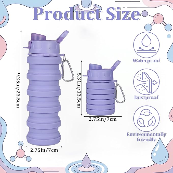 8 Pcs Collapsibles Water Bottles, 16 oz Portable Foldable | Water Bottle with Metal Clip Silicone Leakproof Travel Water Bottle Reusable Sports Waters Bottles for Travel Camping Cycling - Image 2