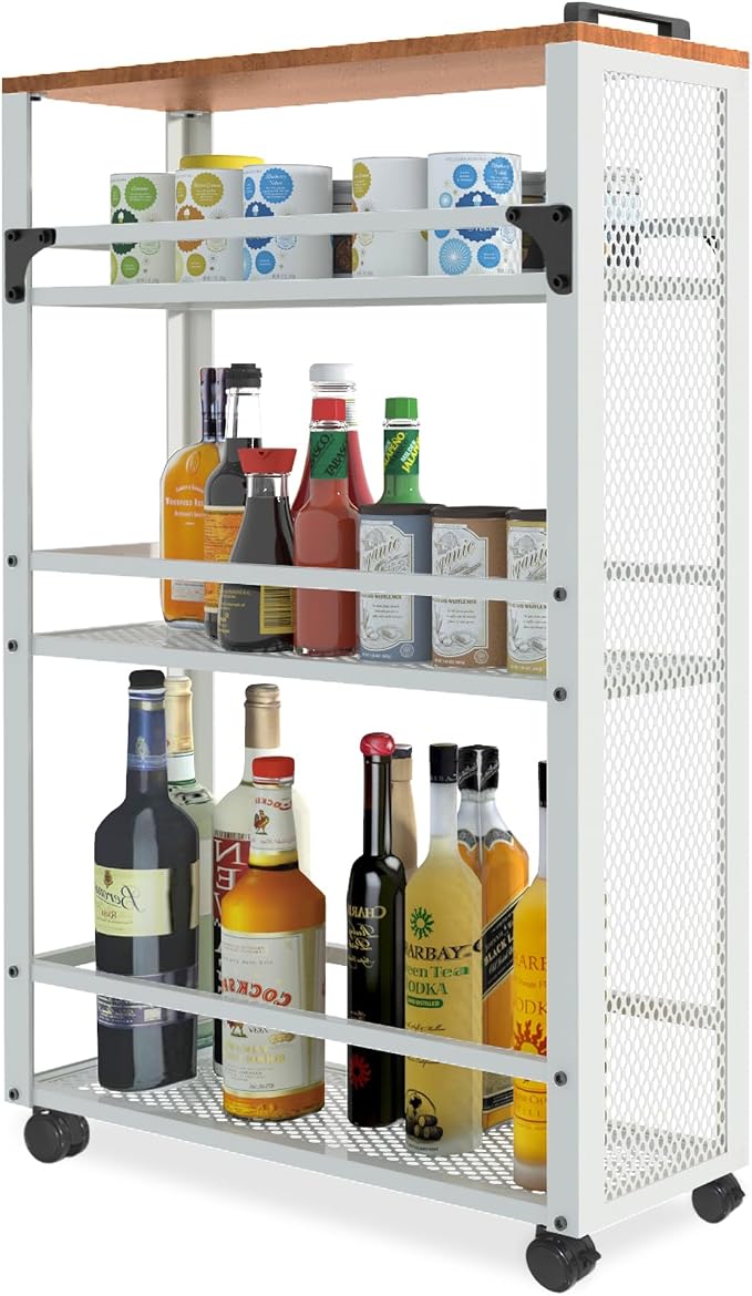 3-Tier Rolling Cart Slim - White Laundry Bathroom Kitchen | Steel Frame, Mesh Baskets, for Small Spaces, 110 lb Capacity, 4 Wheels 2 Lockable, Utility Storage Snack Coffee Craft by fusehome