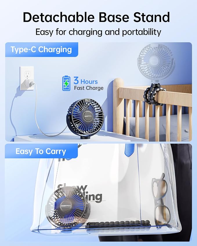 SWEETFULL 4000mAh Portable Stroller Fan with LED Display, 4 Speed Rechargeable Mini Clip On Fan, 360° Rotate Flexible Tripod Better Cooling Small Baby Fan for Car Seat Crib Travel Treadmill - Image 7