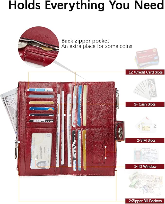 BOSTANTEN Womens Leather Wallet RFID Large Capacity Credit Card Holder | 3 Zipper Pockets, 2 SIM Slots, Clutch Wallet, Long Bifold, Ladies Gifts - Image 2