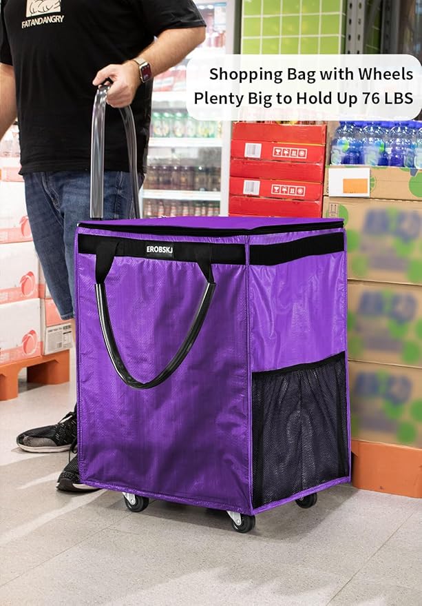 (Medium,Violet) Reusable Grocery Bag on Wheels, 70L Foldable Rolling Tote, Extra Storage for Shopping, Zipper Clouser Shopping Carts for Groceries, Laundry, Camping, Moving, 4 Heavy Duty Wheels | 70L Extra Storage for Shopping, Zipper Clouser Shopping ... - Image 3