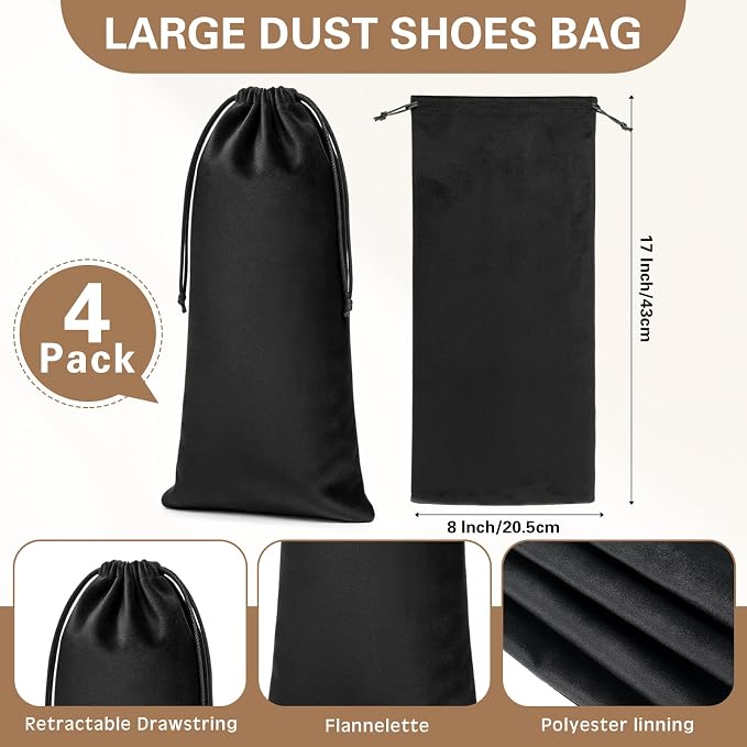 4 Pcs Flannel Cloth Shoe Bags for Travel, 8 x 17 Inches Dust Pouch with Drawstring Closure, Washable Breathable Cotton Fabric for Luggage (Black) - Image 4