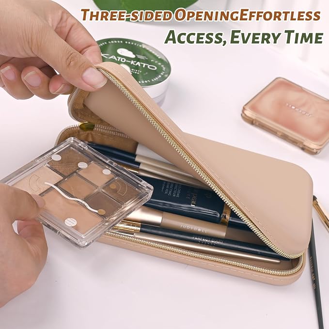 Travel Zipper Makeup Brushes Bag Silicone Large Makeup Brush Holder Women Pouch Case for Daily, Work, Essentials（Khaki） - Image 2