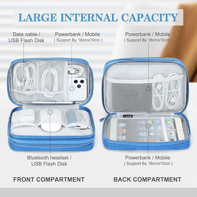 FYY Electronic Organizer, Travel Tech Pouch Bag, Large, Cyan | Wrist Strap, Waterproof, Double Layers Portable Electronics Travel Carrying Case for Cord, Charger, Daily Business Trips Use - Image 3