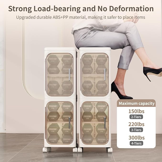3 Tier Slim Bathroom Storage Cabinet, Foldable and Movable, Beige | Tools Free, ABS and PET, Magnetic Clear Door, Adjustable Shelves, Lockable Wheels, Water Resistant, For Narrow Space - Image 6