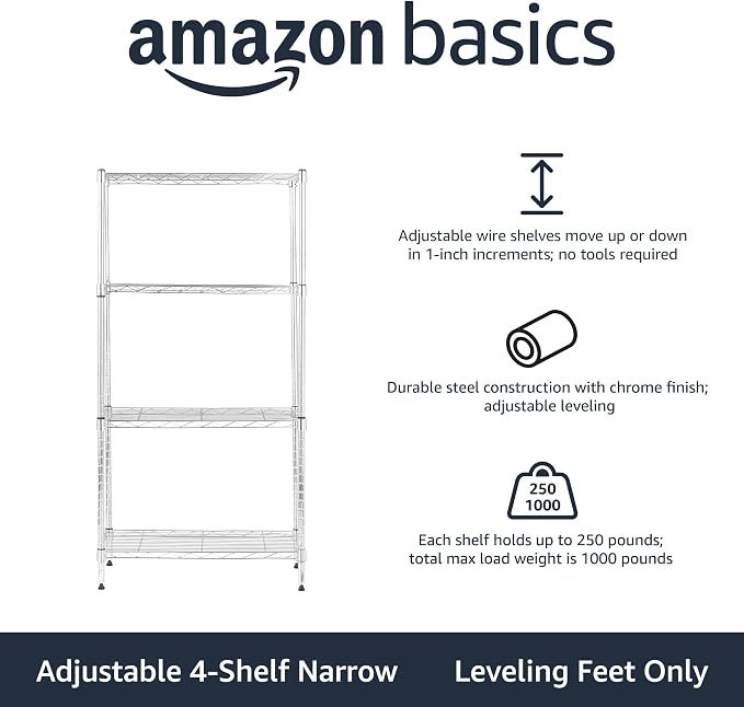 Amazon Basics 4-Shelf Adjustable Storage Shelving Unit for Garage, Steel Wire Rack, 200 Pound Loading Capacity per Shelf, 13.4"D x 23.2"W x 48"H, Chrome - Image 4