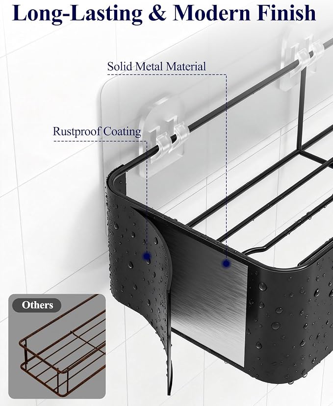 Kitsure Large Shower Caddy - Adhesive 6-Pack Bathroom Shelves, Black | No-Drilling Rustproof Shelves with Soap Holder, Toothbrush Holder, 6 Hooks, Stylish Bathroom Organizers and Storage Solution - Image 6