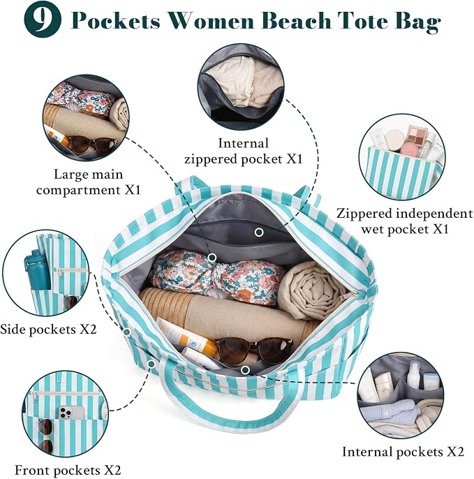 Large Beach Bags for Women, Waterproof Sandproof Beach Tote Bags Swim Pool Bags with Zipper & Wet Pocket Family - Image 5