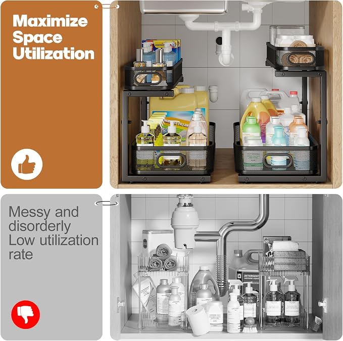 2 Pack 21.3IN-Depth Under Sink Organizer with Smooth Cylindrical Rail,2-Tier Pull Out Multi-Purpose Cabinet Storage for Bathroom&Kitchen,Height Adjustable,Rust-Resistant Coating-Black - Image 5