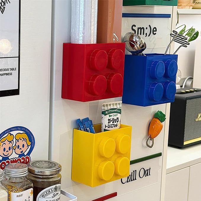 Magnetic Basket Organizer for Fridge - Lego-Style ABS Plastic Storage Box, No Drill Design for Kitchen Counter, Microwave & Whiteboard, Holds Up to 3.5 lbs (Red) - Image 2