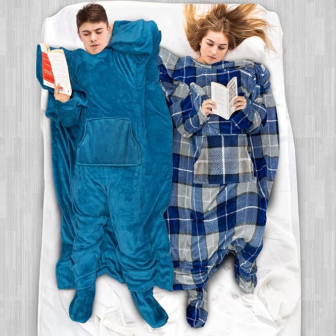 PAVILIA Fleece Blanket with Sleeves, Foot Pockets for Women Men Adults, Plush Wearable Blanket Throw Wrap, Warm Snuggle Blanket Robe, Cozy Gift Ideas Wife Mom Teal Blue - Image 5