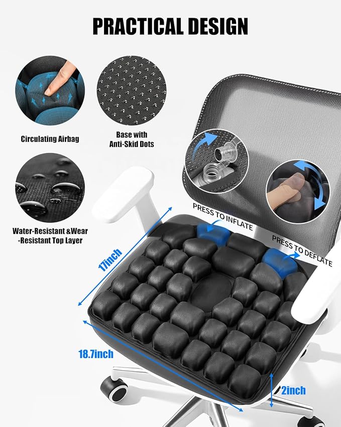 Inflatable Seat Cushion for Travel, 2" Thick Airplane Seat Cushion for Long Flights with Hand Pump & Included Eye Mask, Portable Air Chair Pad for Office, Car, Stadium & Wheelchair, 18.7"x17" - Image 2