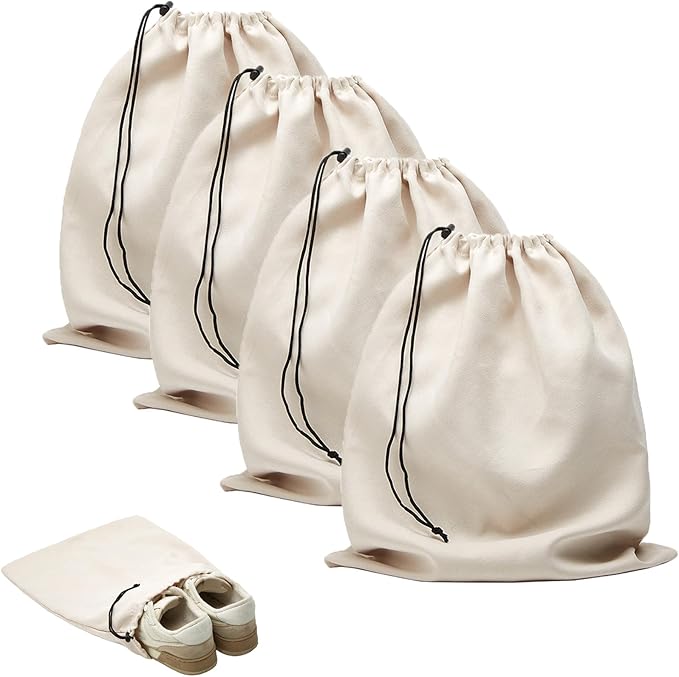 4 Pcs Travel Shoe Bags for Packing with Drawstring,17.7" x 13.8",Beige | Dust Resistant,Machine Washable & Reusable Storage Pouch,Drawstring Closure,Travel Essentials for Women & Men by LAKEOFFIRE