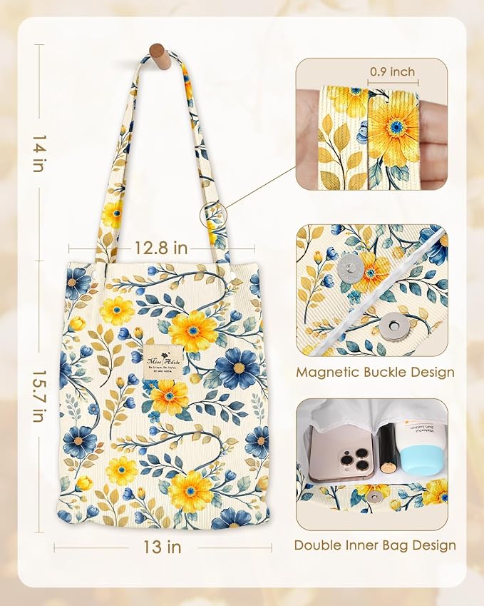 Miss Adola Designer Corduroy Tote Bag for Women | 3 Magnetic Buckles, Aesthetic Pattern, Reusable, Soft, Roomy Carry for Work, Travel, Grocery Runs - Image 5
