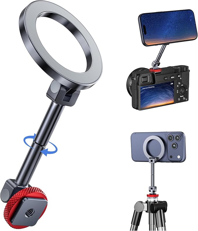 Itramax Magnet Camera Phone Mount Tripod Holder with Cold Shoe Adapter | Metal Hot Shoe Phone Attachment for iPhone Air 17 16,Camera Cage & Monitoring,Stabilizer,360° Rotatable 1/4 Cell Phone Mount by Itramax