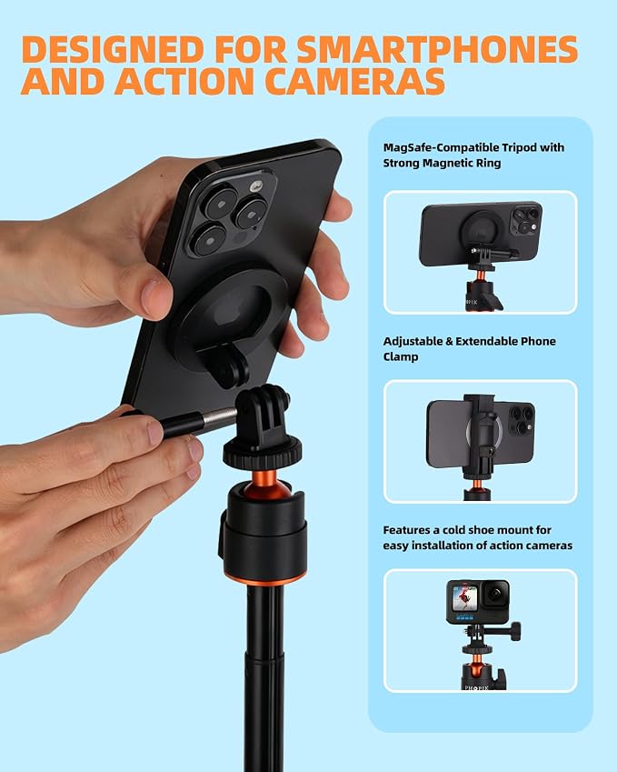 56" Magnetic Tripod for iPhone,Phone Tripod MagSafe Compatible with iPhone/Android,GoPro, DJI Osmo Pocket 3,Protable Selfie Stick Tripod for Vlogging, Video Recording,Travel Content Creators - Image 5
