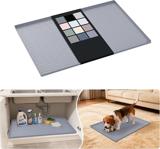 URMONA Waterproof Silicone Under Sink Mat 28'' x 22'' Shelf Liner for Kitchen and Bathroom, Cabinet and Counter Protector, Storage and Organizers, Litter Mat, Pet Cat Puppy Essentials(Light Grey) by URMONA