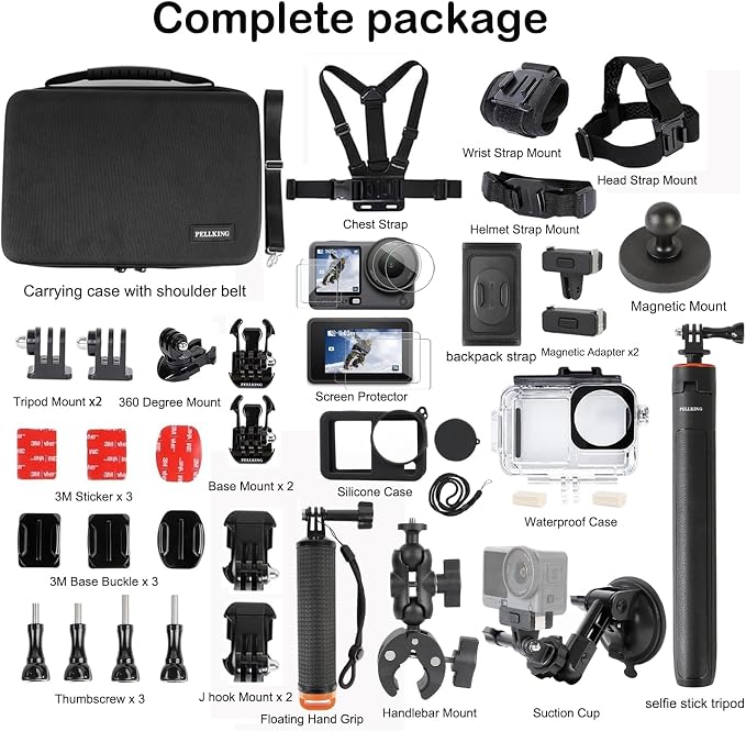 PellKing Accessories Kit for DJI Osmo Action 6,Carrying Case with Belt 135cm Selfie Stick Tripod Waterproof Housing Suction Cup Magnetic Handlebar Mount Qucik Release Clip 4 in 1 Body Mount - Image 8
