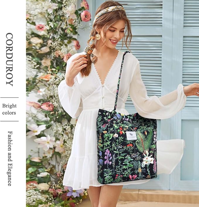 LHMTQVK Corduroy Tote Bags for Women, Large Capacity Tote Purse Reusable Grocery Shoulder Bag with Inner Pockets - Image 2