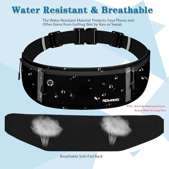 Running Belt for Men, Adjustable Fanny Pack for Women, Pure Black | Water Resistant, Plus Size & Lightweight, Phone Holder for Running Workout, Reflective Waist Belt for iPhone Pro Max Samsung - Image 2