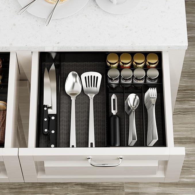 JANE EYRE Utensil Drawer Organizer - Expandable Cutlery Tray, Silverware/Flatware Storage Divider for Kitchen, Mesh Designing with Non-slip Rubber Feet (black) - Image 3